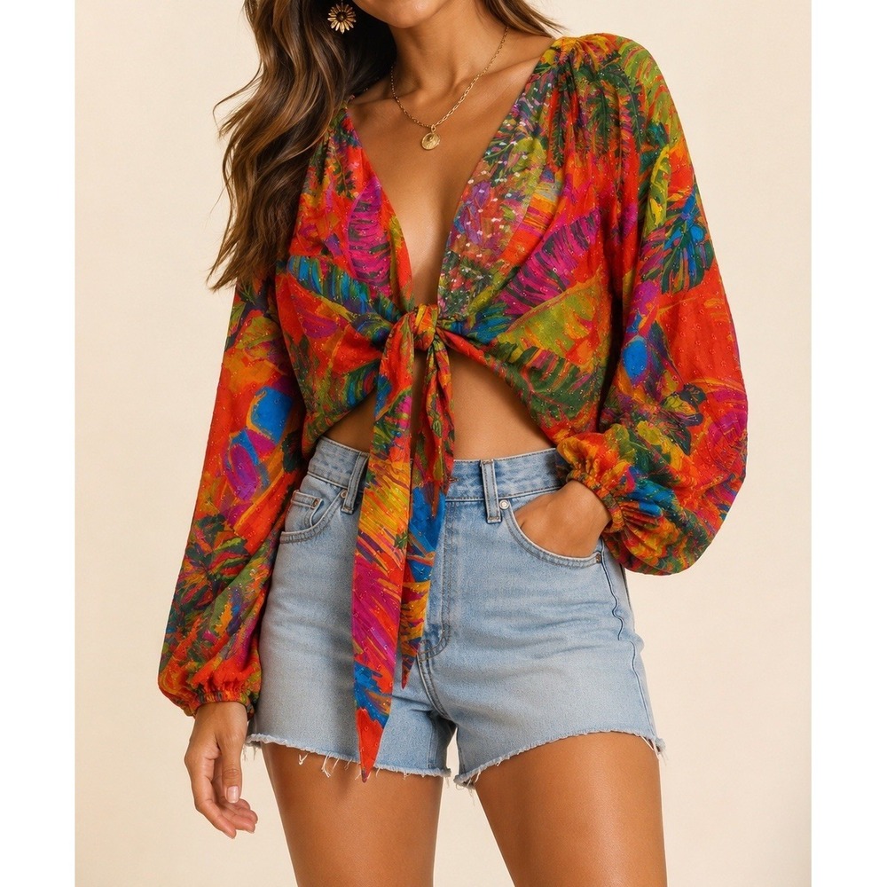 FARM Rio Tropical Print Tie Front Crop Top Womens Small Balloon Sleeve Boho